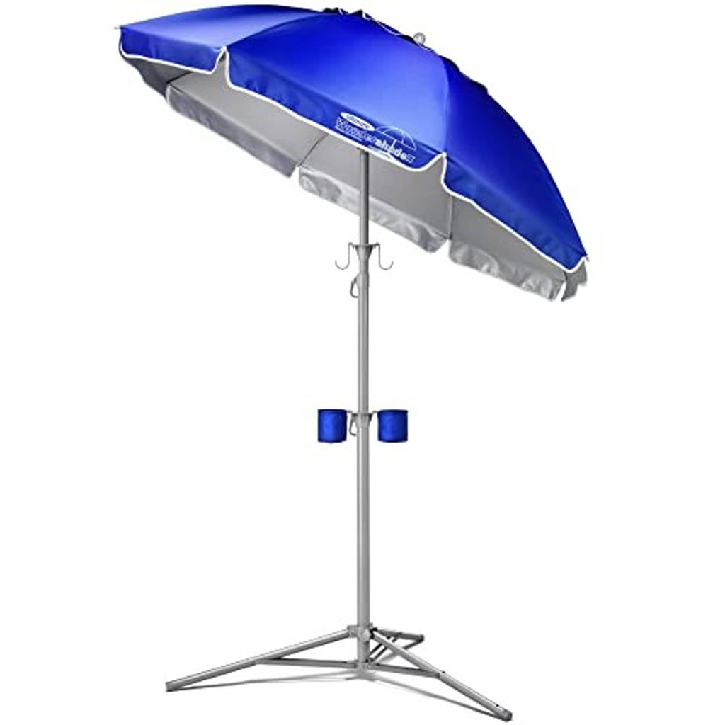 Royal blue sun shade umbrella open on tripod base with gray fringe and two blue cup holders