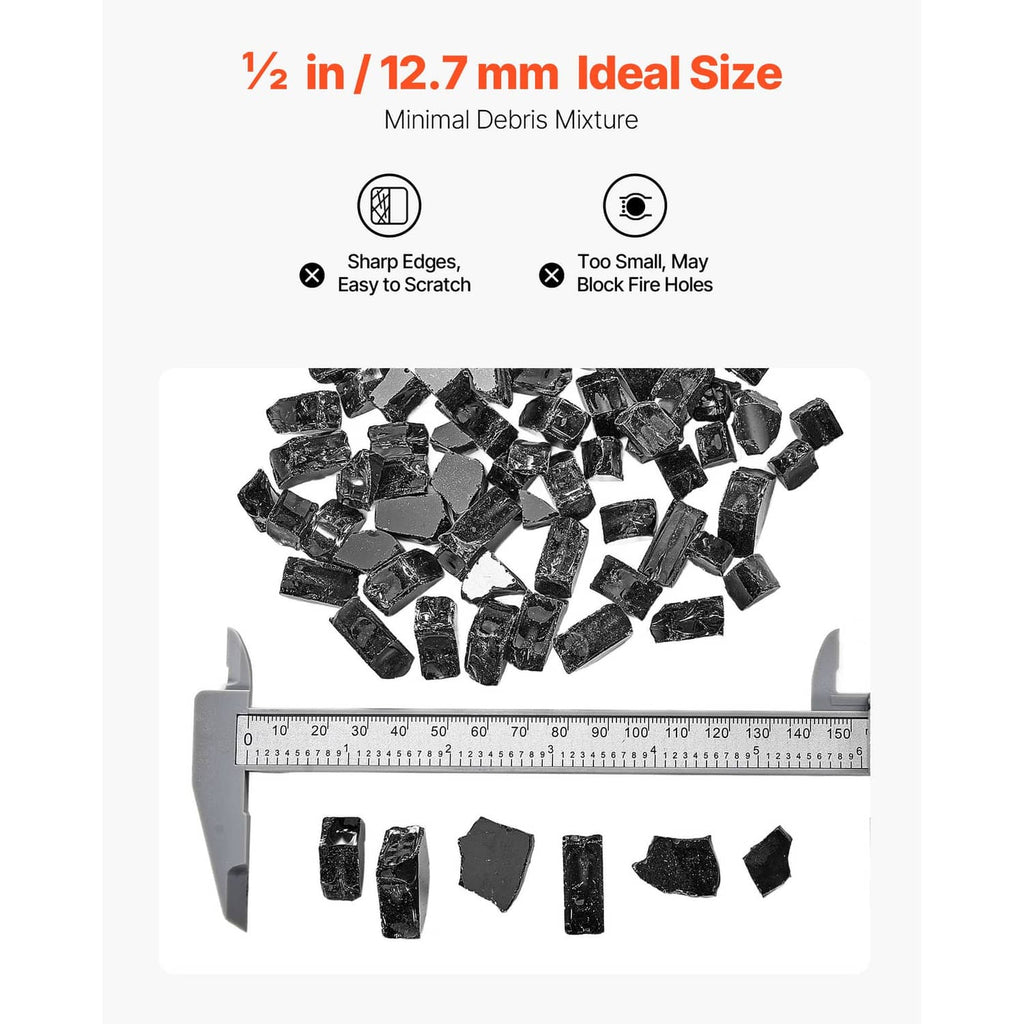 Black 1/2 inch crushed glass stones with ruler size reference and sample pieces