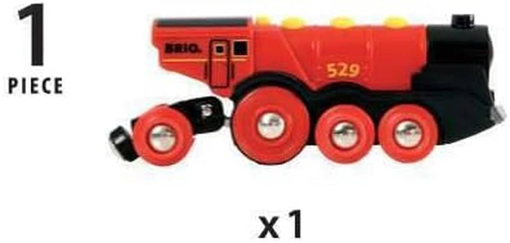 Red action locomotive toy with black front, round red wheels, and yellow top lights