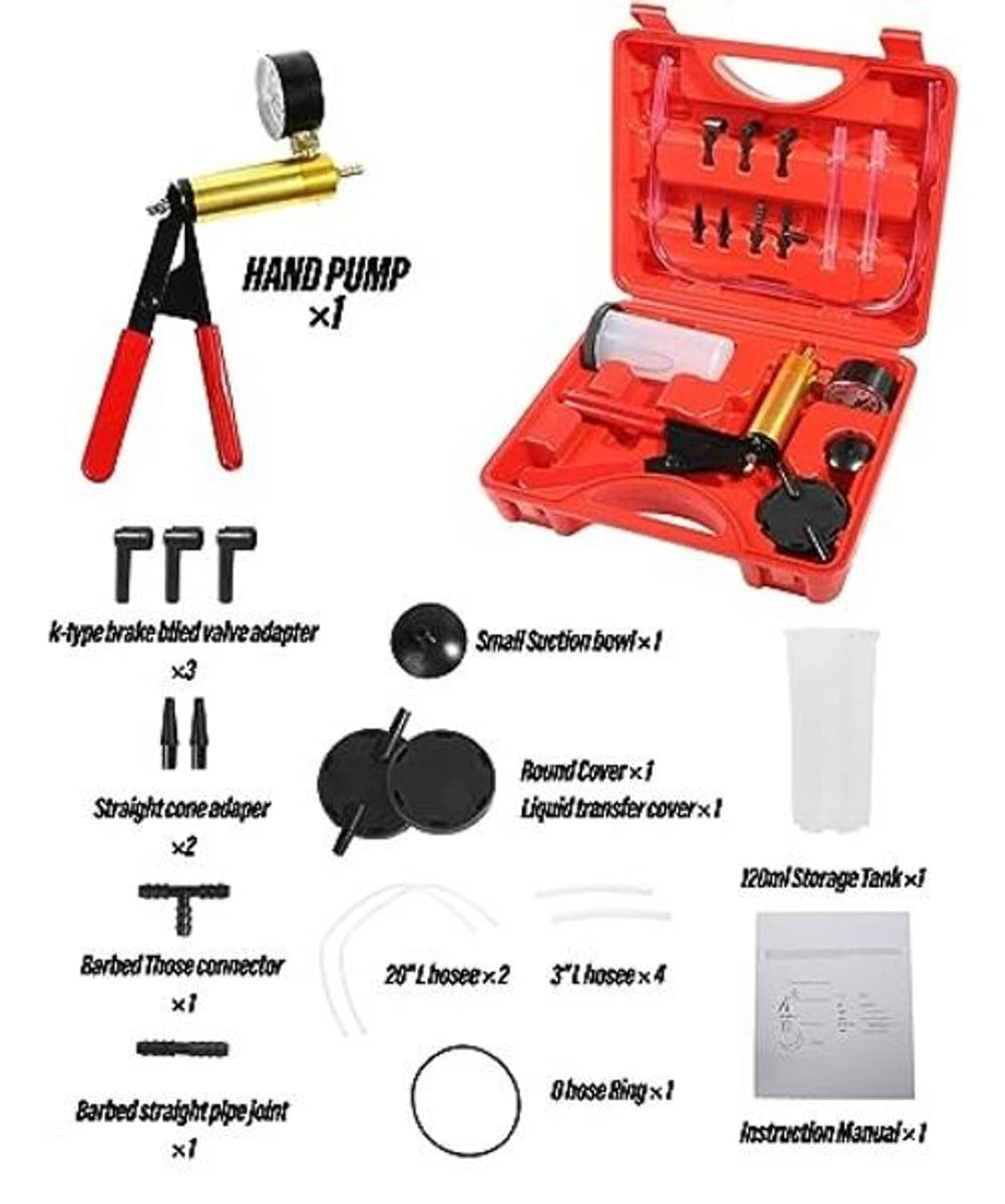 Brake bleeder kit components: hand pump, adapters, vacuum cups, hoses, and storage box