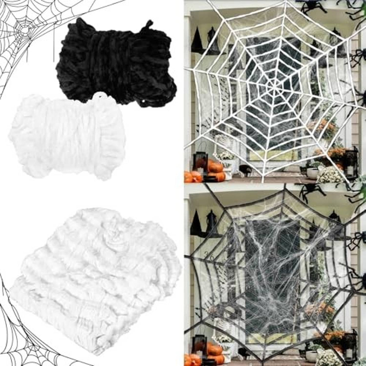 Spider web decoration set with white and black faux cobwebs, heart-shaped and layered