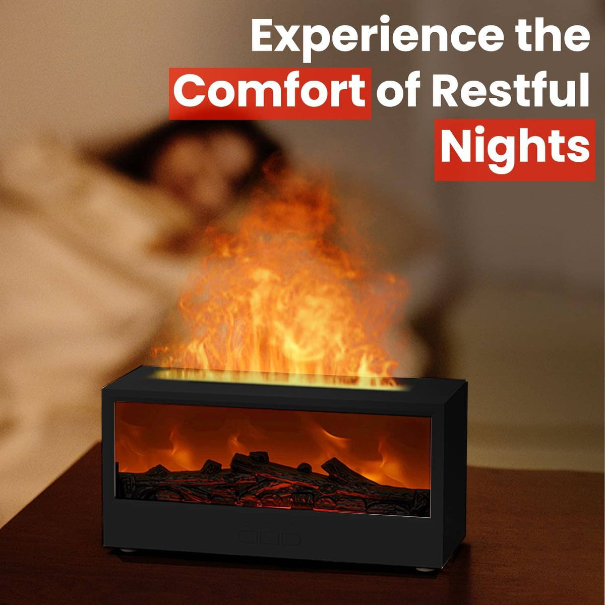 Black flame diffuser humidifier emitting orange flame effect on wooden surface