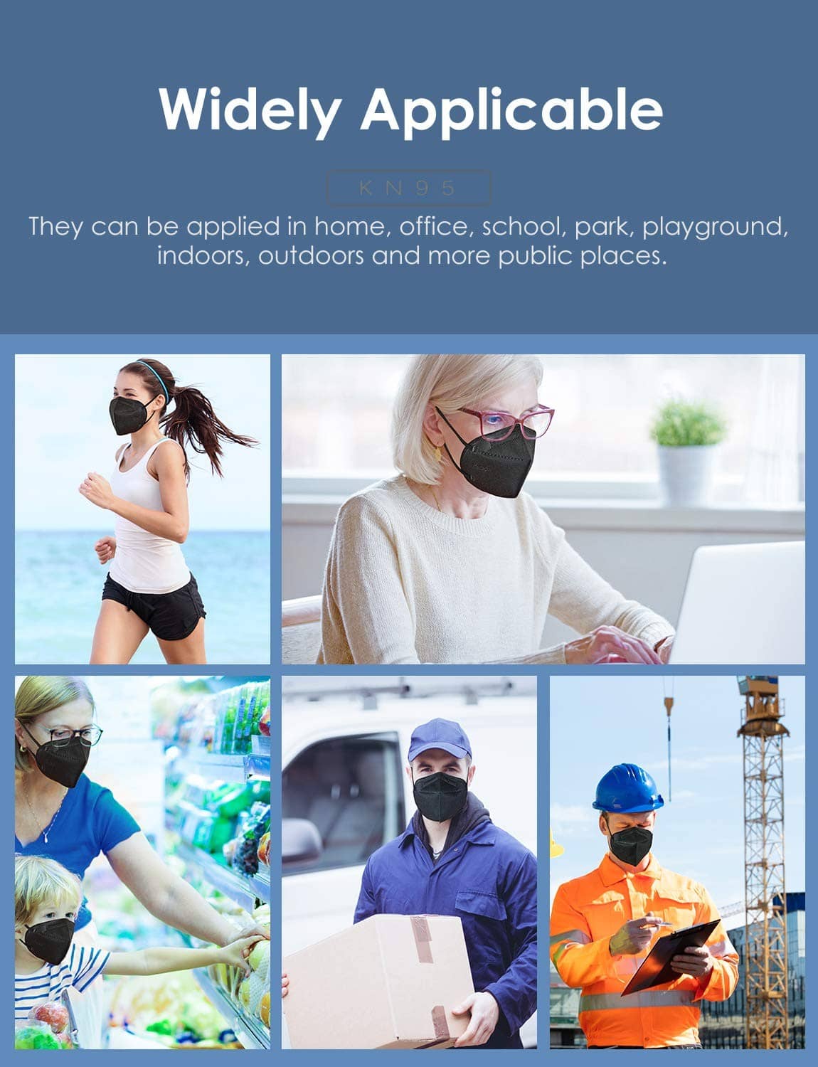 KN95 respirator face masks on people, deep black mask shown for daily activities