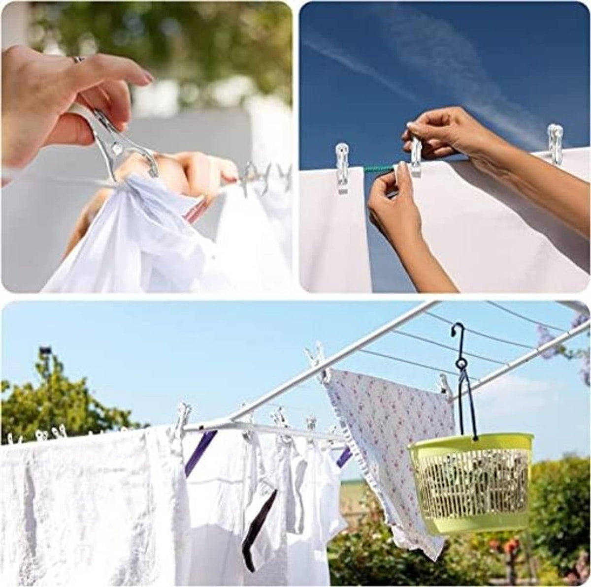 Stainless steel clamp clips fastening white cloth on a line, shown in use by hands