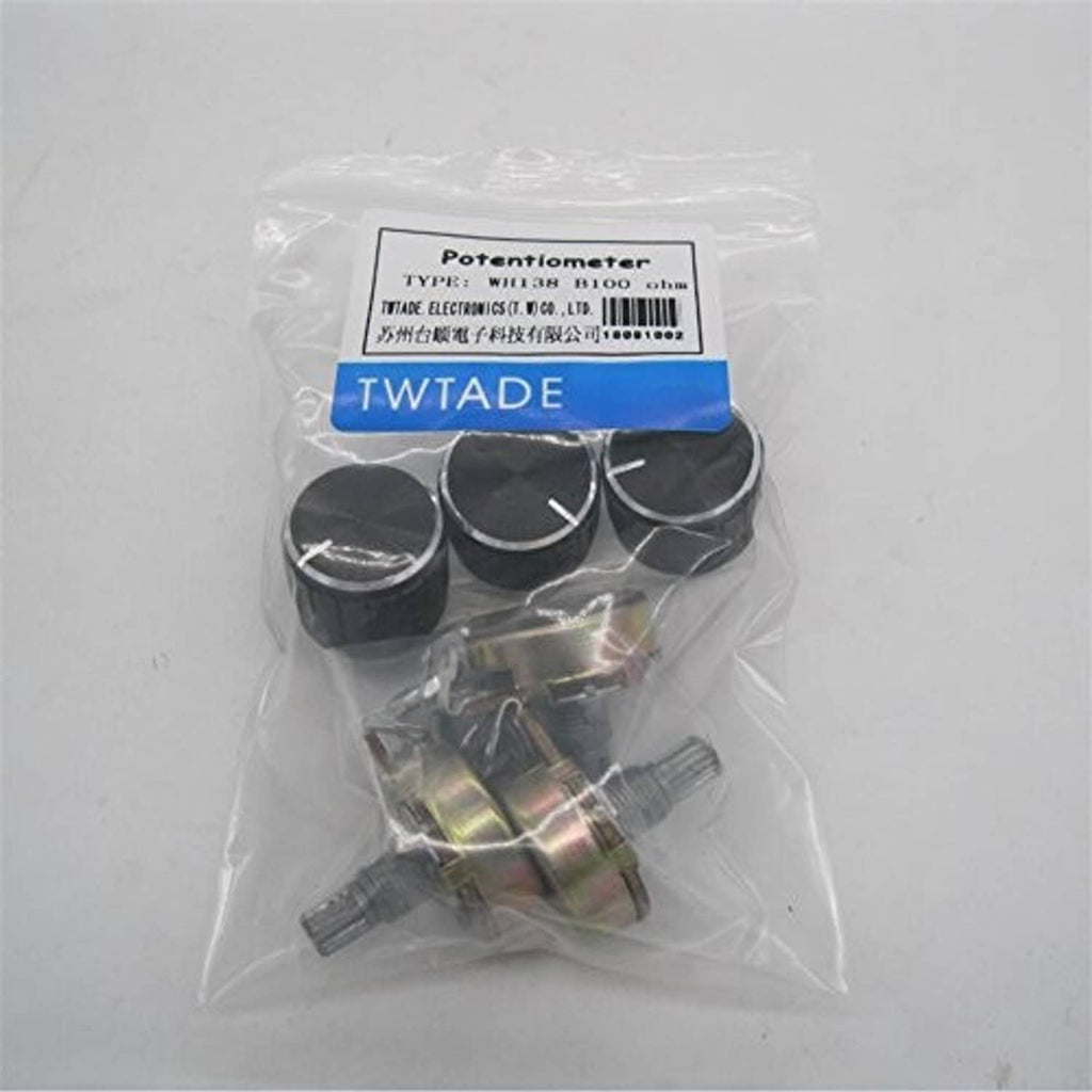 Packaged rotary potentiometer set of 3 in plastic bag with label on top