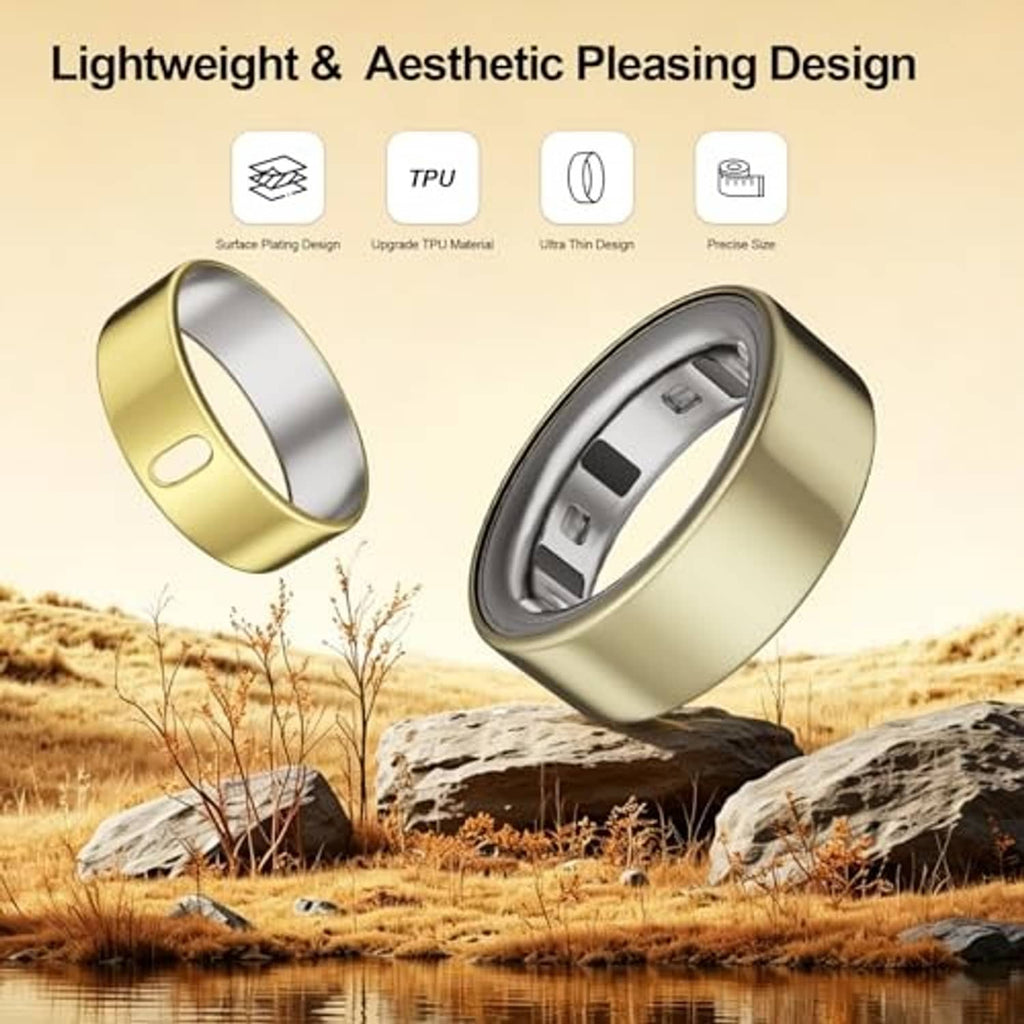 Pair of TPU ring covers: champagne gold and gold, with side cutout and open inner band