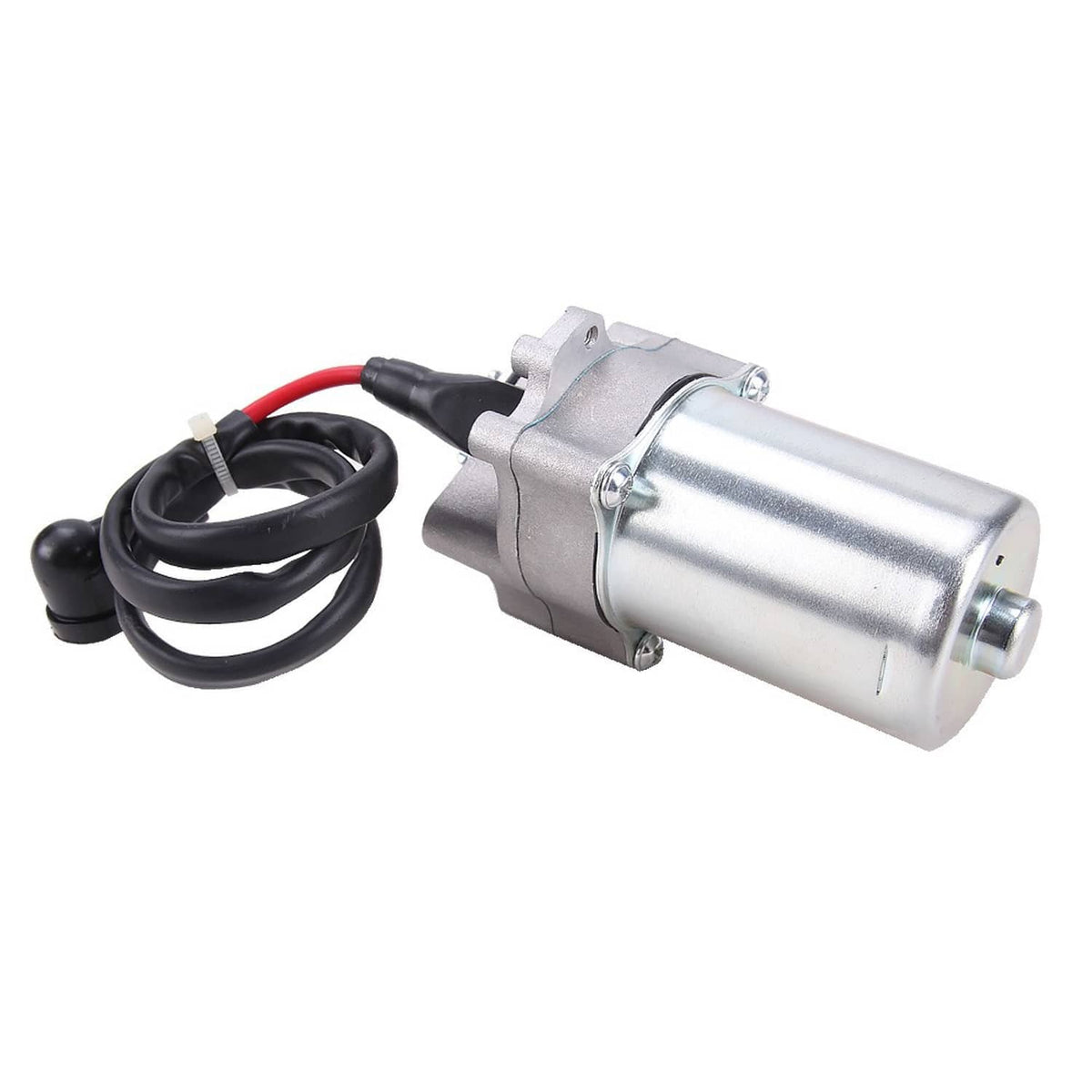 Starter motor with black and red wiring harness, silver cylindrical housing