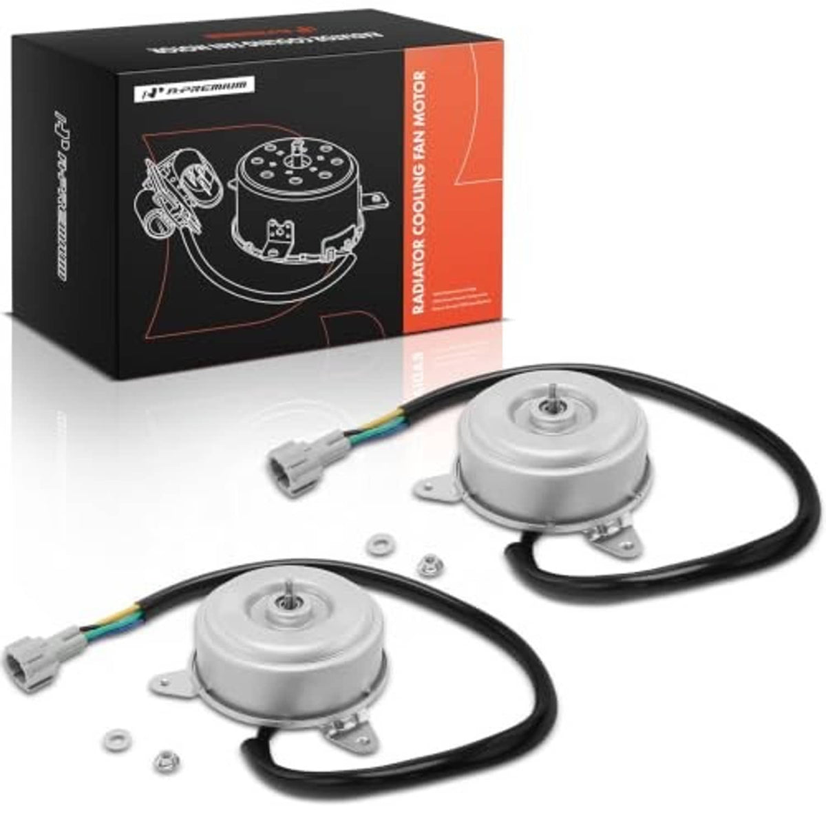 Radiator cooling fan motor kit with two motors and wiring harness, shown with box