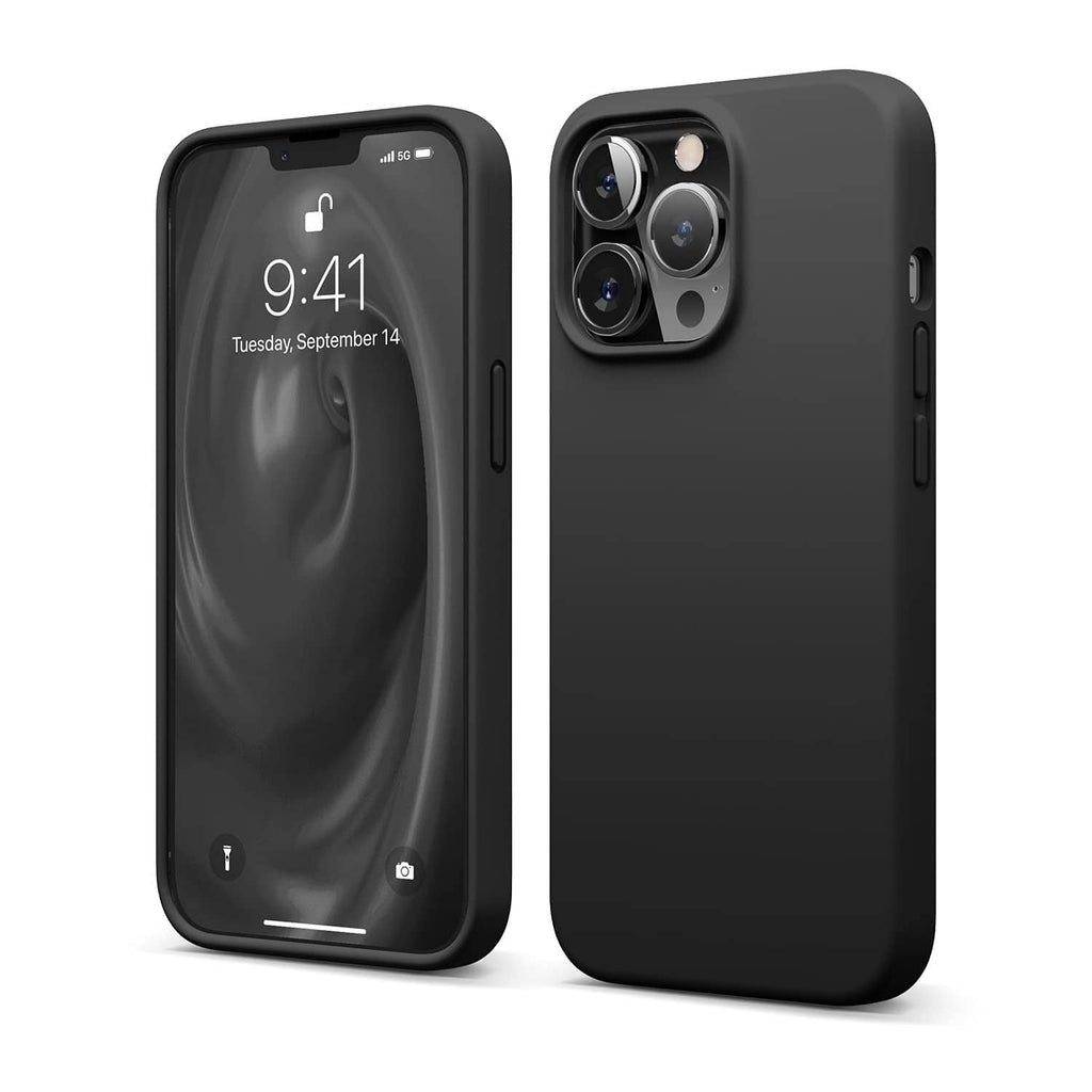 Black liquid silicone iPhone 13 Pro case with full camera cutouts and raised edges