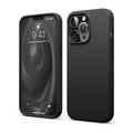 Black liquid silicone iPhone 13 Pro case with full camera cutouts and raised edges