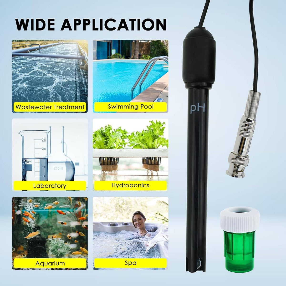 pH electrode probe set with cable and green sensor cover for testing liquids