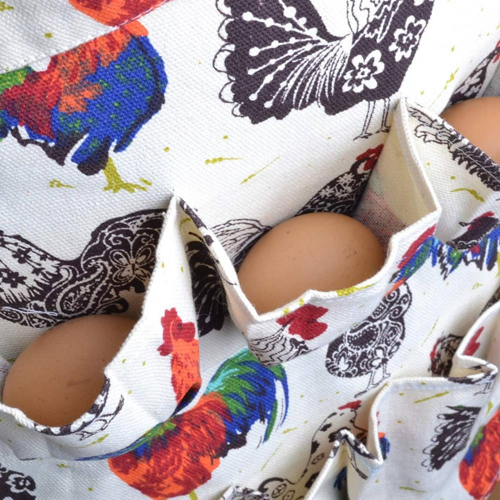 Close-up of white chicken-pattern apron showing eggs in pocket openings