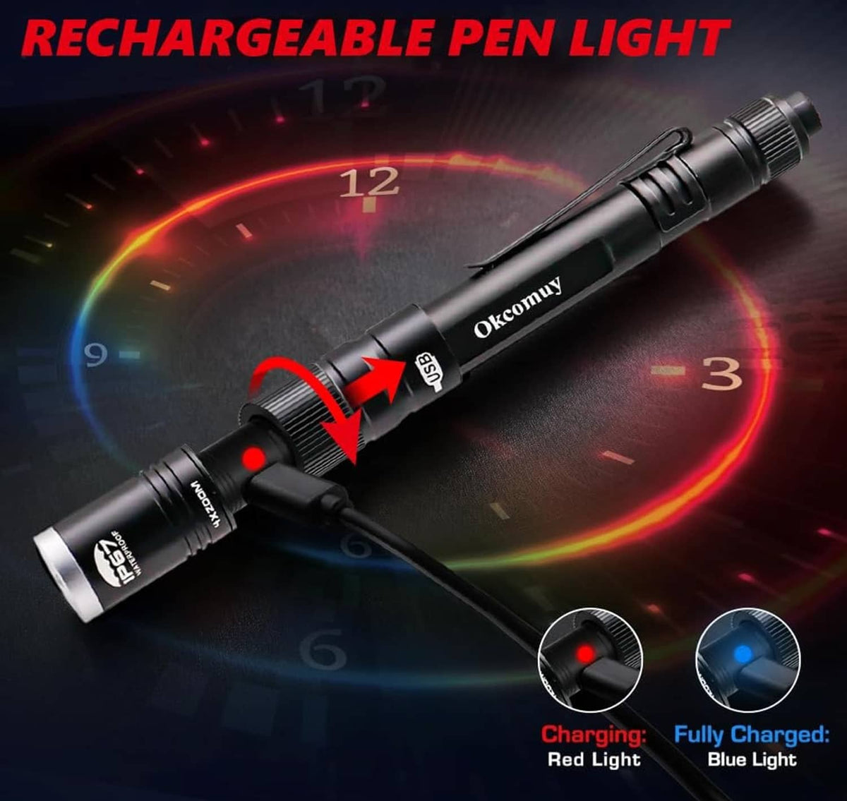 Okcomuy black rechargeable pen light with charging indicator and control button