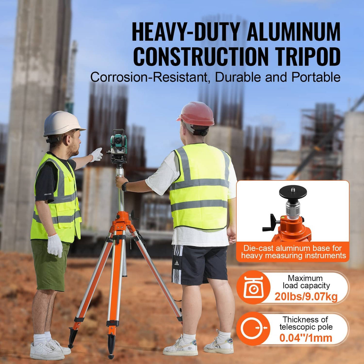 Heavy-duty aluminum tripod stand with orange base and three black rubber feet