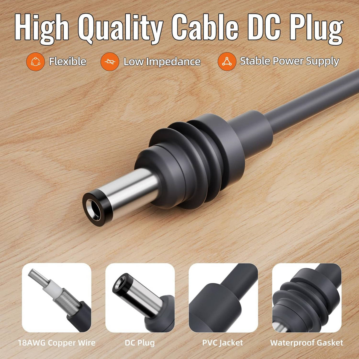 Black DC barrel plug cable with copper wire, PVC jacket, and waterproof gasket
