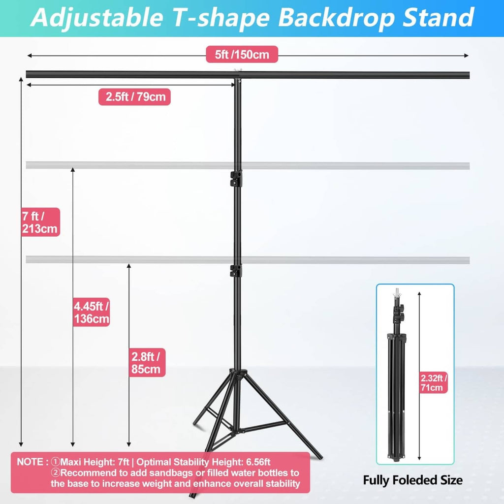 Backdrop stand with size measurements, tripod base, and vertical poles