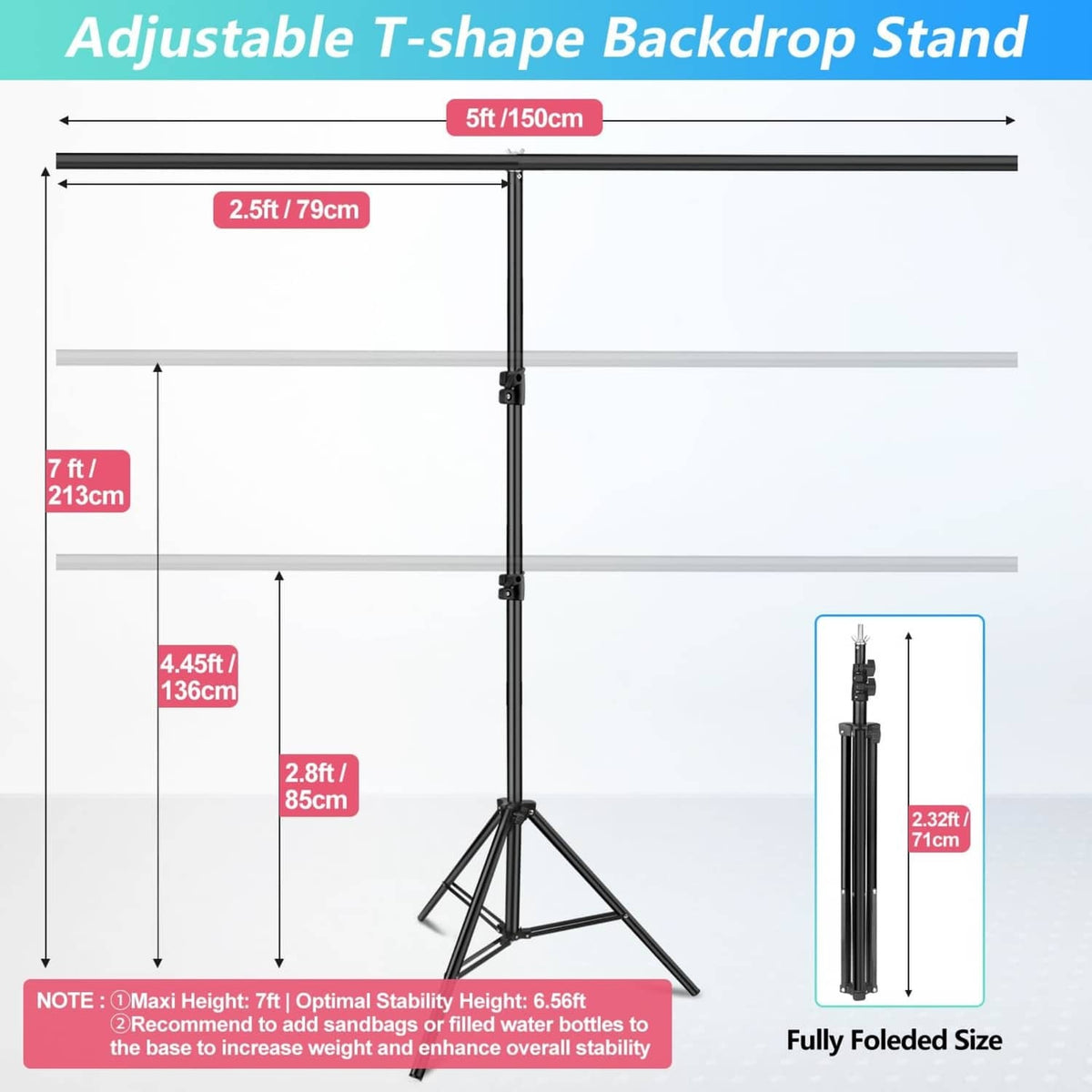 Backdrop stand with size measurements, tripod base, and vertical poles