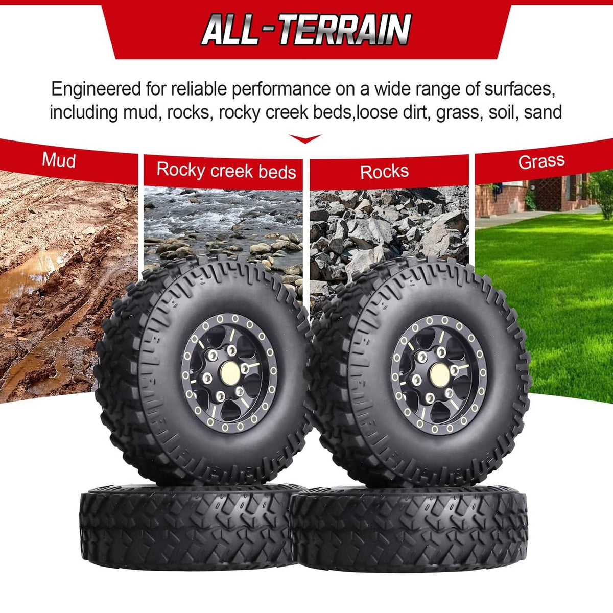 All-terrain black tire set with beadlock wheels and deep off-road tread