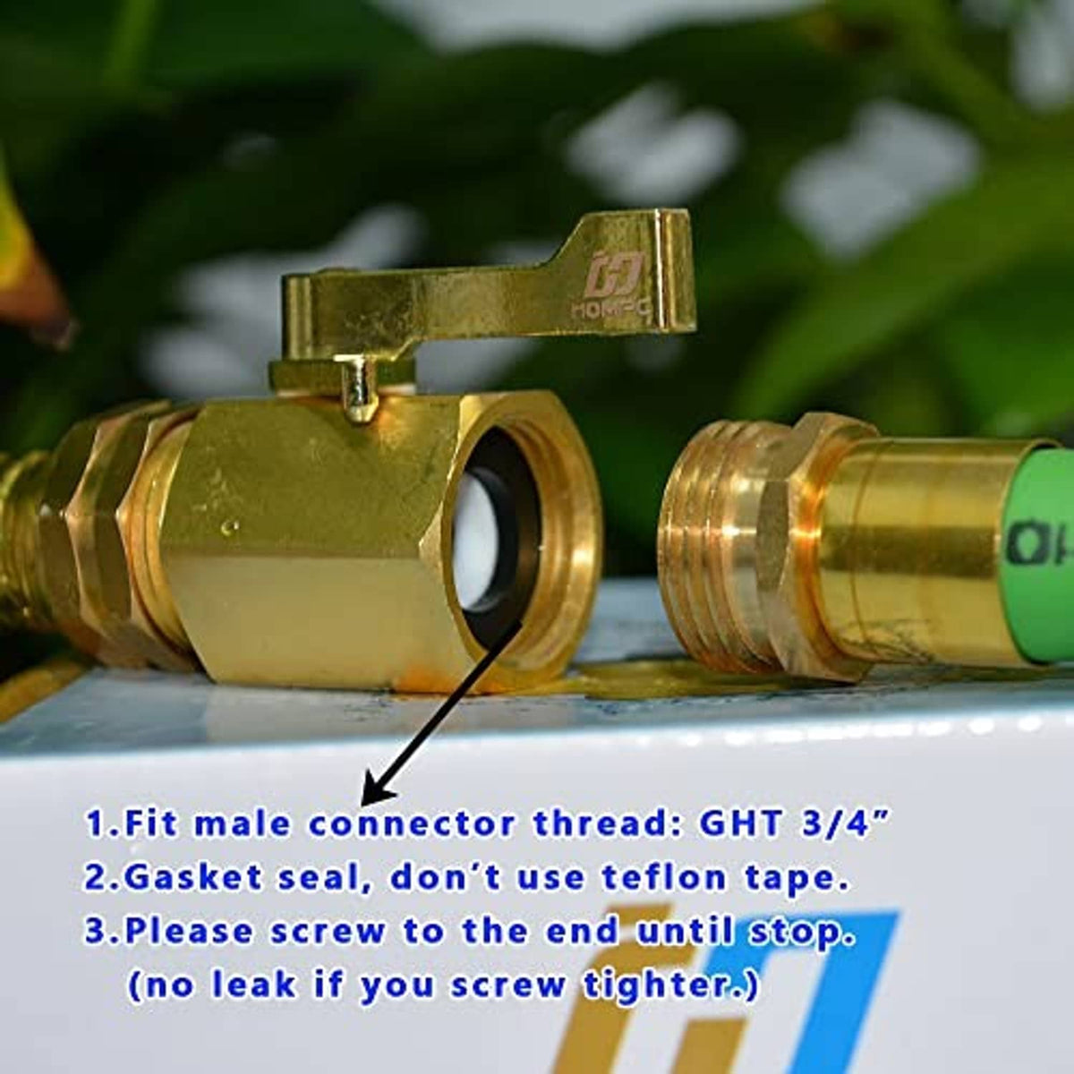 Brass hose shut-off valve with lever and attached hose ends, showing O-ring seal