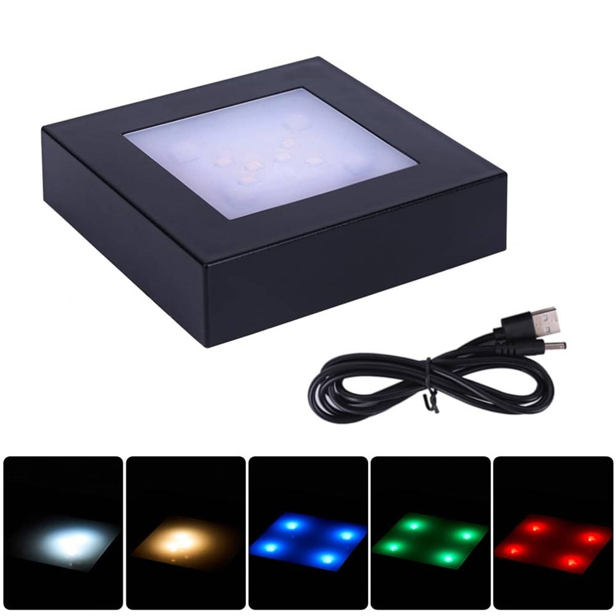 Black square LED light stand base with glowing window and connected USB cable