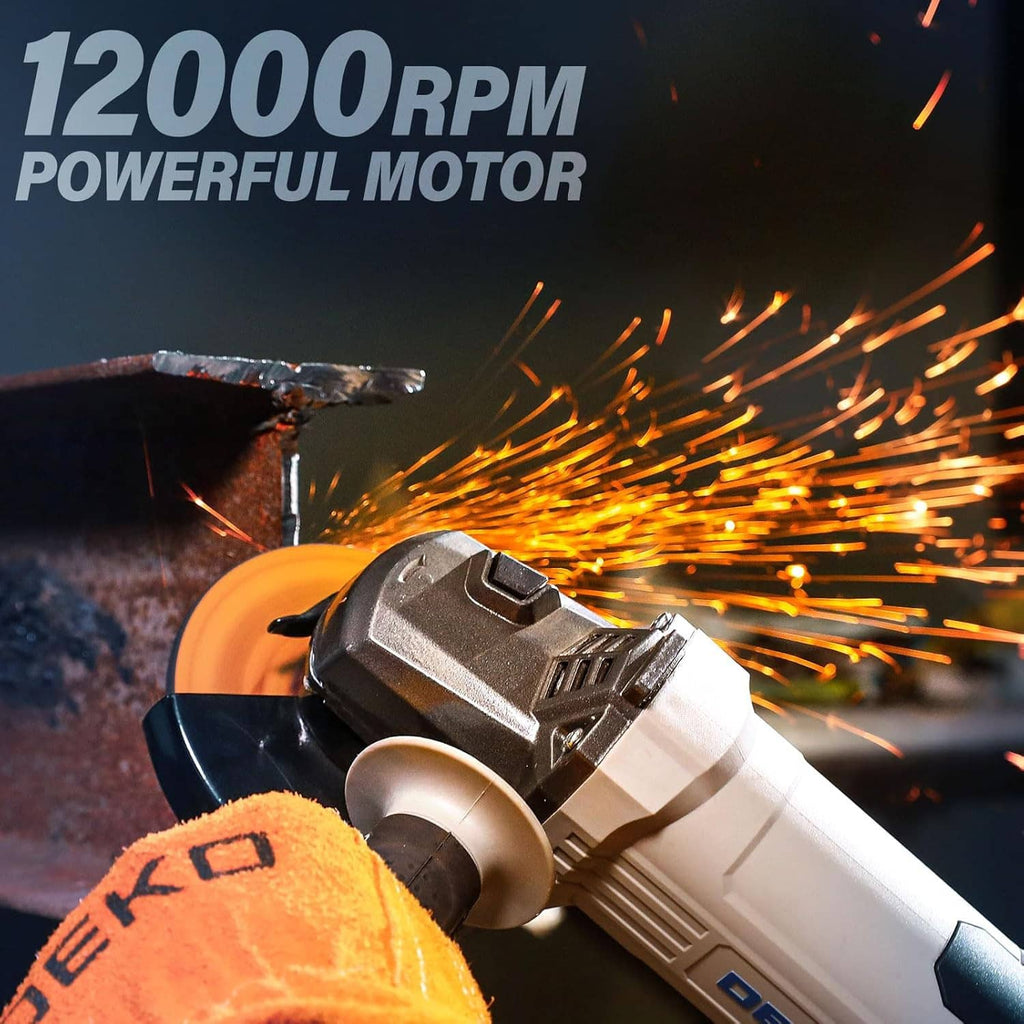 DEKO corded angle grinder grinding with sparks near the wheel guard