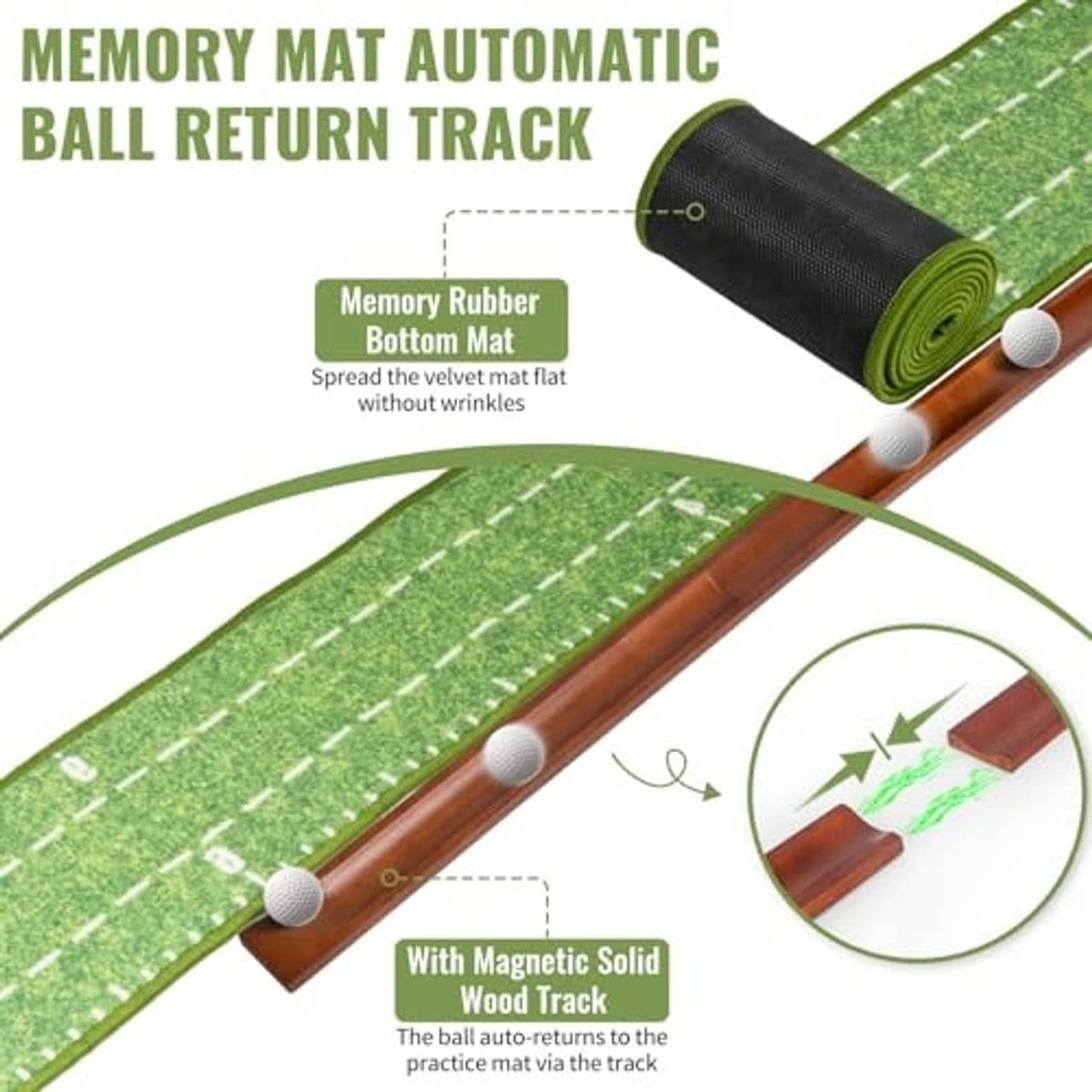 Putting practice mat with rolled green surface and wooden ball return track