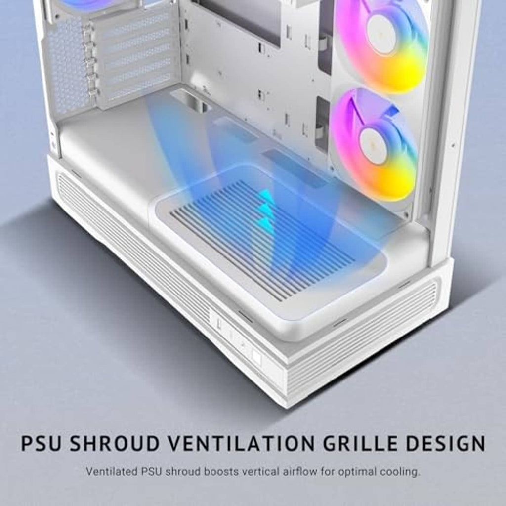 White compact microATX PC case with vented PSU shroud grille and ARGB fans on the side
