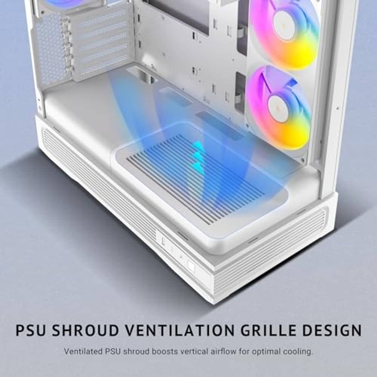 White compact microATX PC case with vented PSU shroud grille and ARGB fans on the side