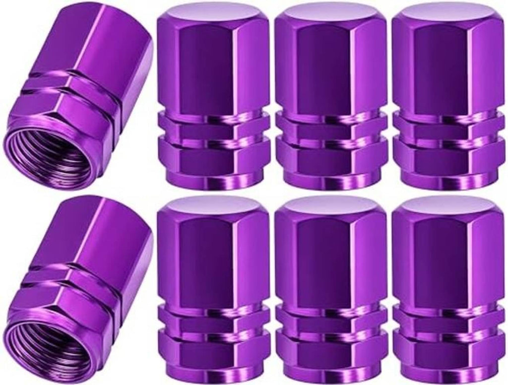 Purple 8-pack tire valve stem caps with rubber O-ring, eight-piece close-up.
