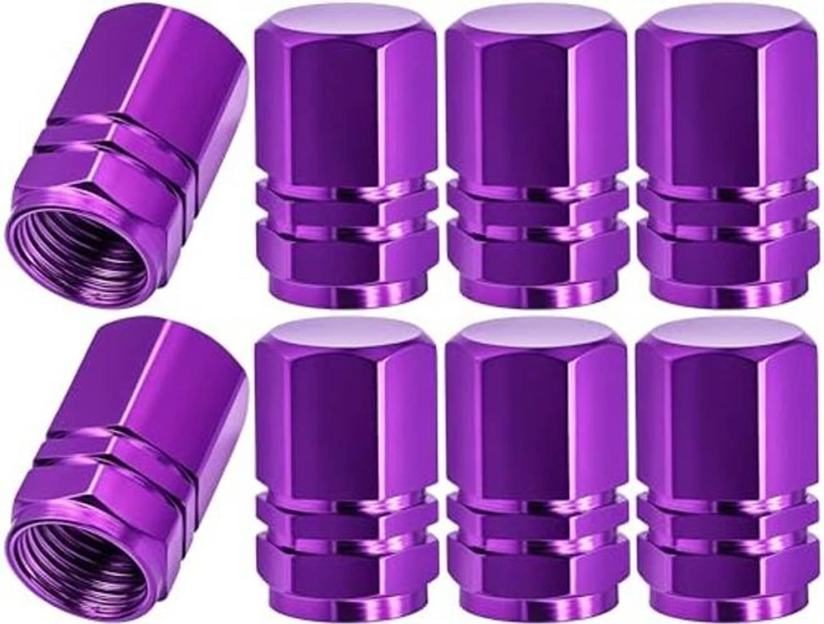 Purple 8-pack tire valve stem caps with rubber O-ring, eight-piece close-up.