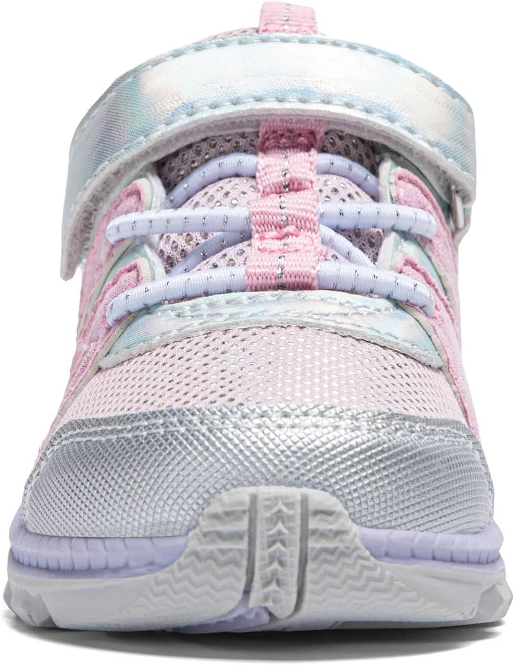 Front view of light pink and silver toddler sneakers with lace-up and padded collar