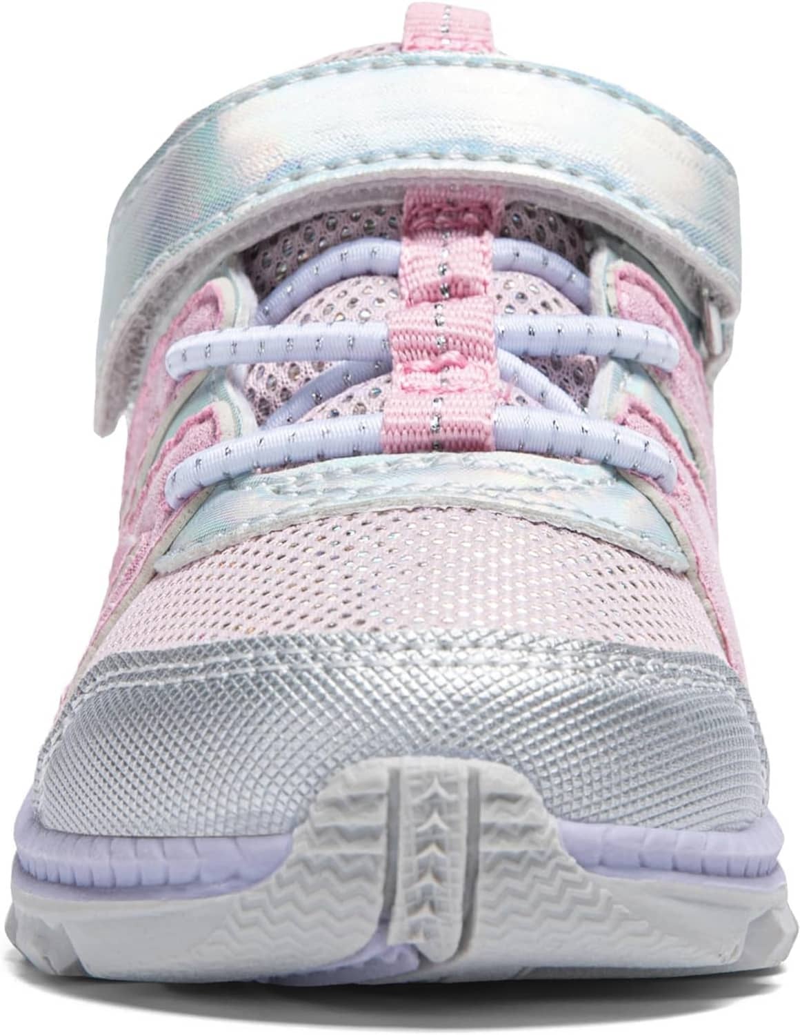 Front view of light pink and silver toddler sneakers with lace-up and padded collar