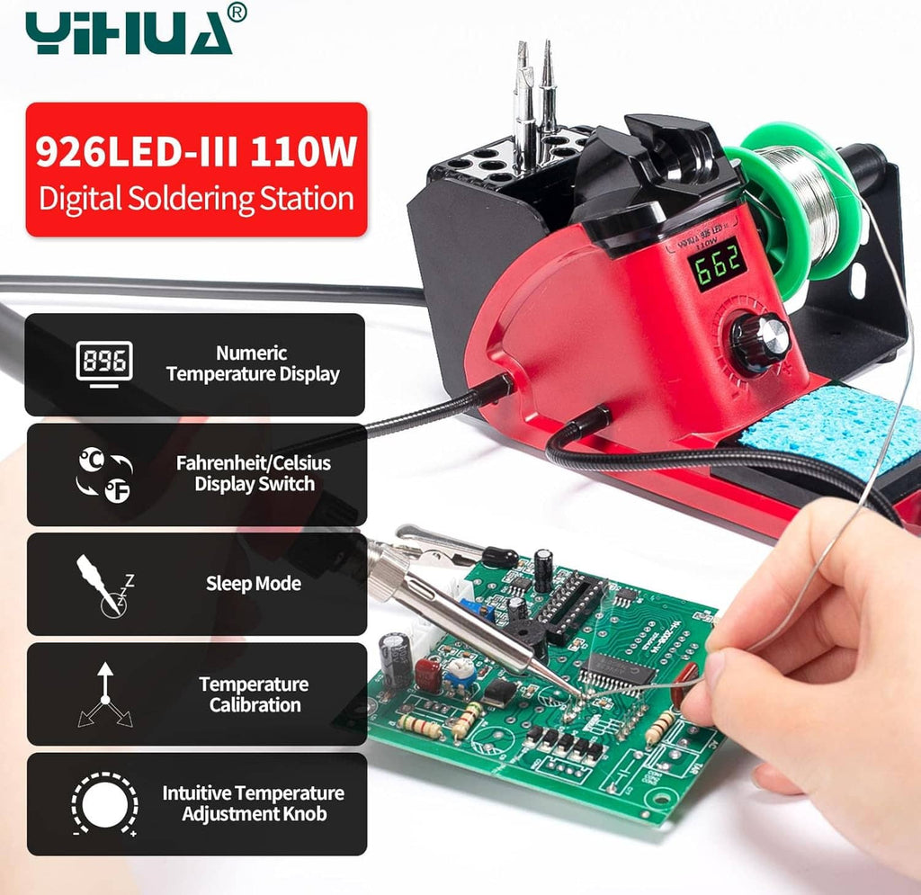 Red digital soldering station with LED display and blue cleaning sponge pad