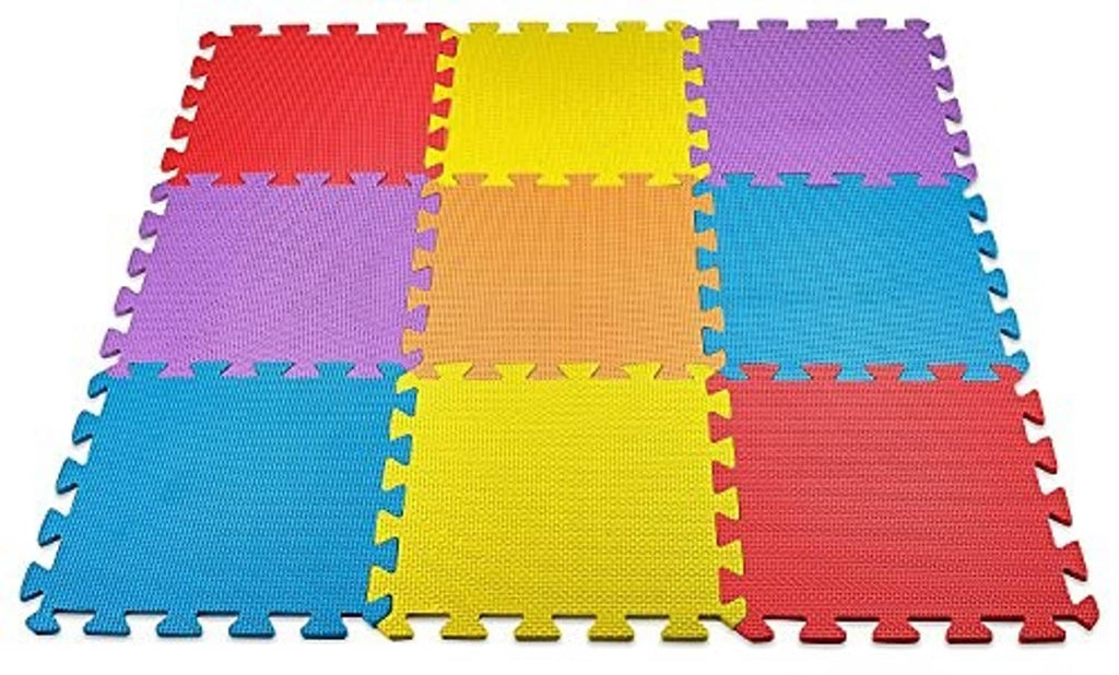Multicolor interlocking foam floor mat tiles with puzzle edges in purple, yellow, blue, red