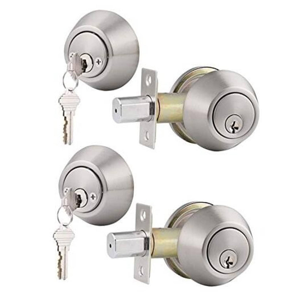 Satin nickel double-cylinder deadbolt with two keys and matching knobs on both sides