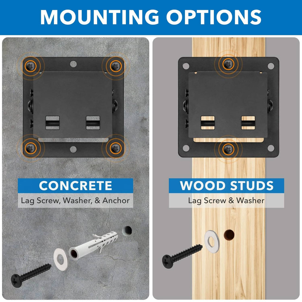 TV wall mount mounting options with lag screw and washer for concrete or wood studs