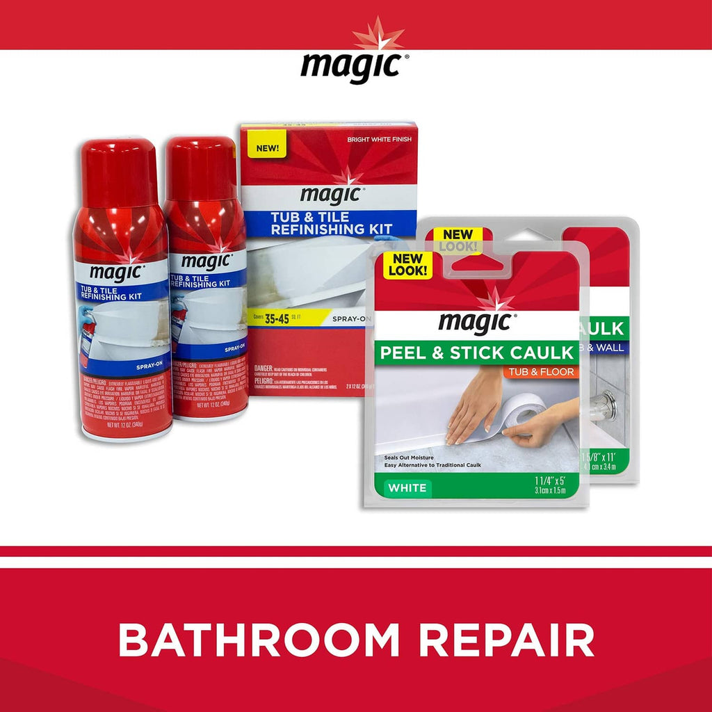 Magic tub and tile refinishing kit box with two spray cans and peel & stick caulk