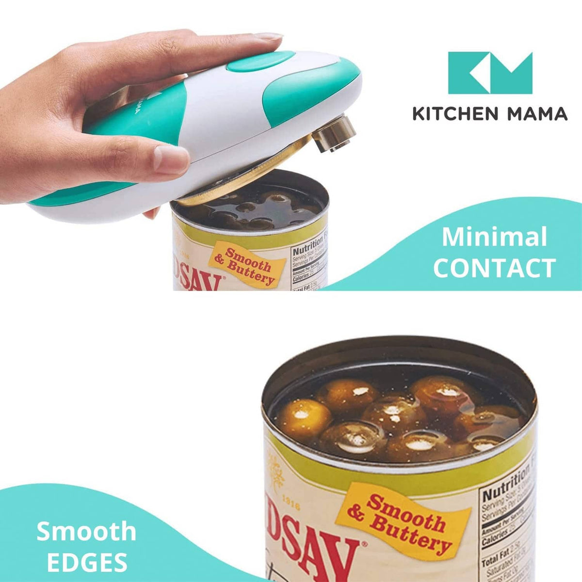 Teal and white electric can opener lifting a can lid at the edge