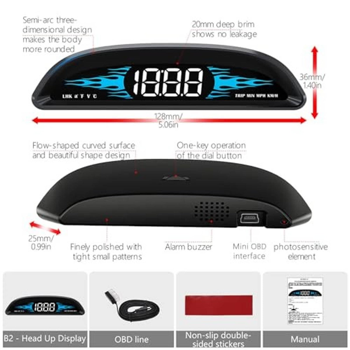 OBD head up display with black curved body and blue flame-style 1888 digits