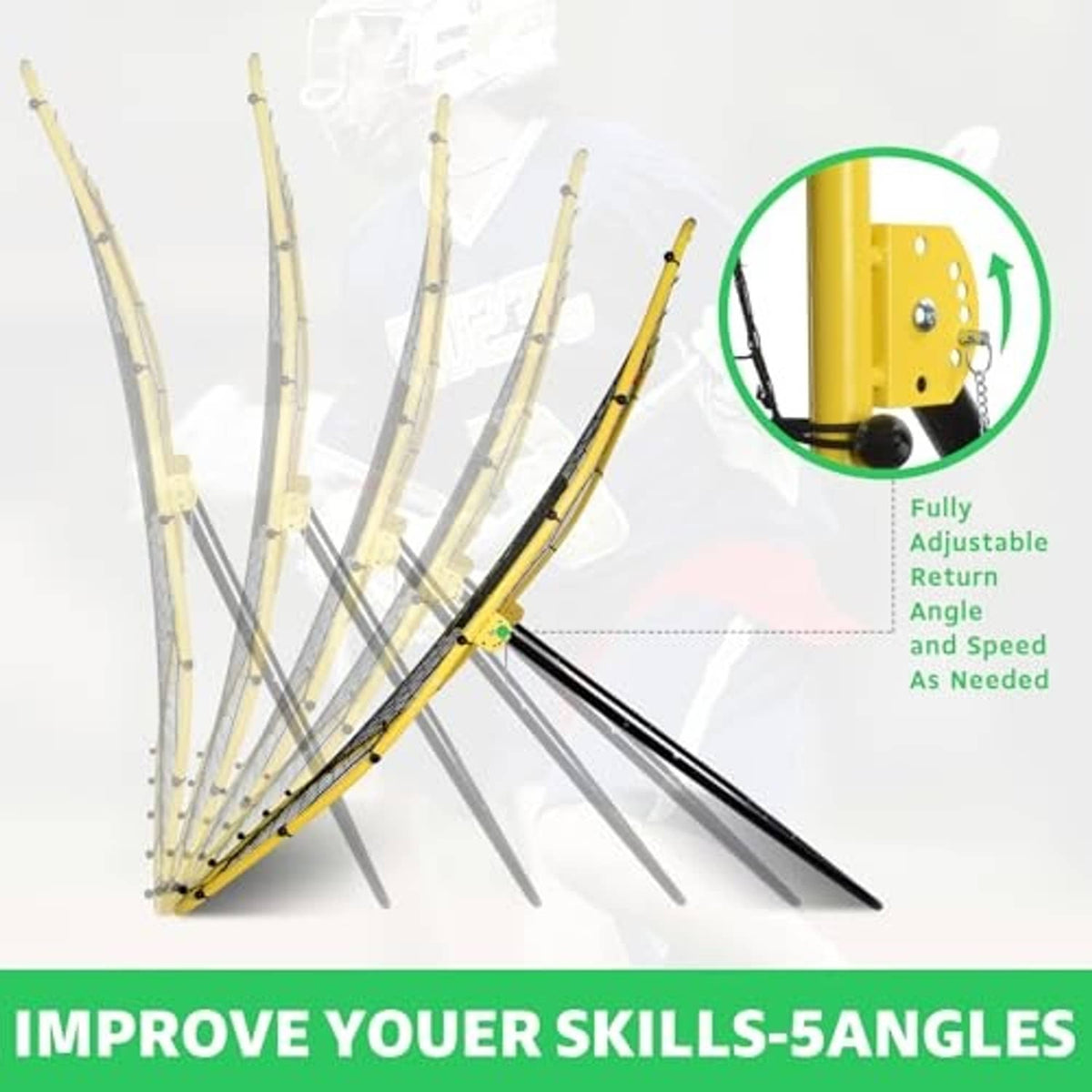 Adjustable rebounder net return angle bracket on yellow support post with black base