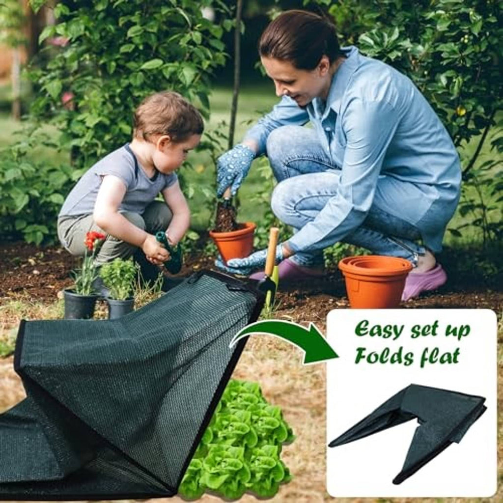 Foldable plant shade tent cover that folds flat, dark green fabric with black edging