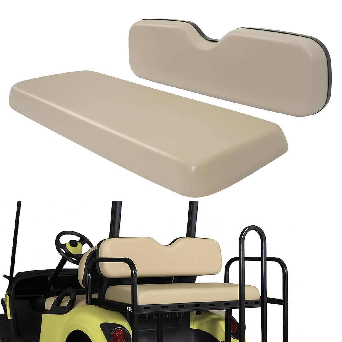 Tan golf cart seat cushion set with contoured seat base and backrest pad