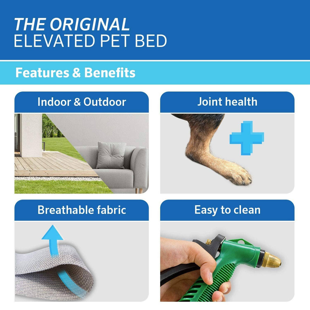 Infographic of elevated pet bed features: indoor/outdoor, joint health, breathable fabric