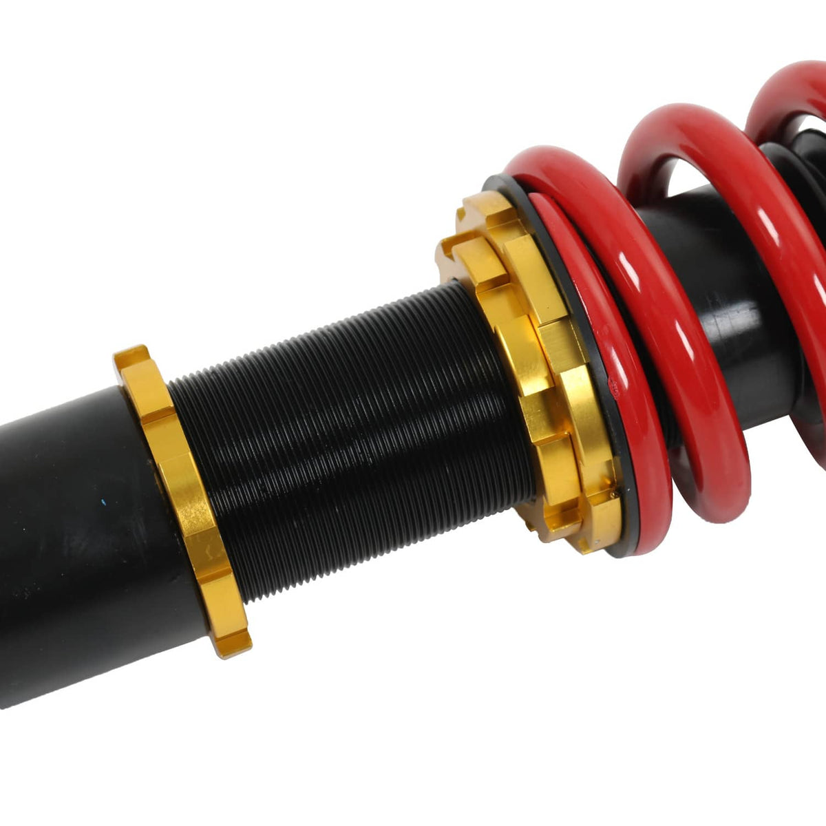 Threaded coilover shaft with gold adjustment ring and red spring coil detail