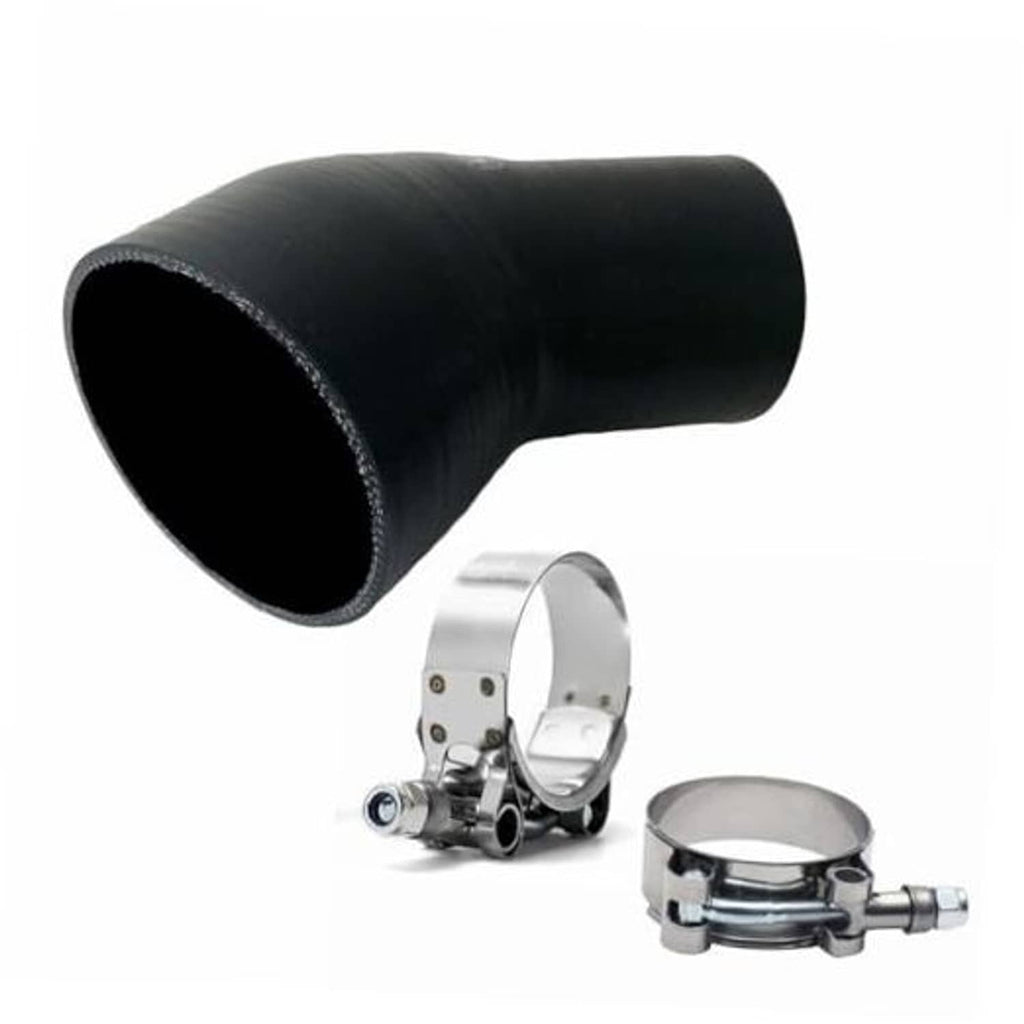 Black 45° rubber reducer hose with clamp hardware, 2.5–4 in ID