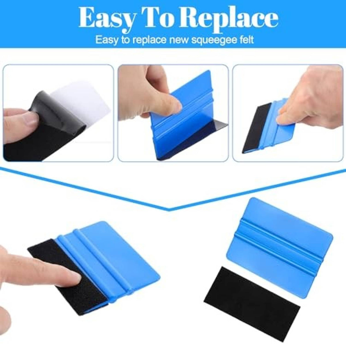 Replaceable vinyl squeegee blades in blue and yellow with black velvet pads