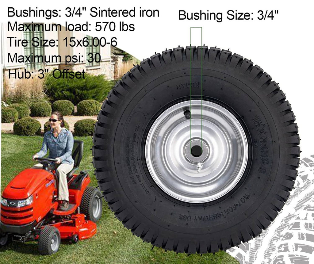 Lawn mower tire with black rubber tread and silver wheel rim