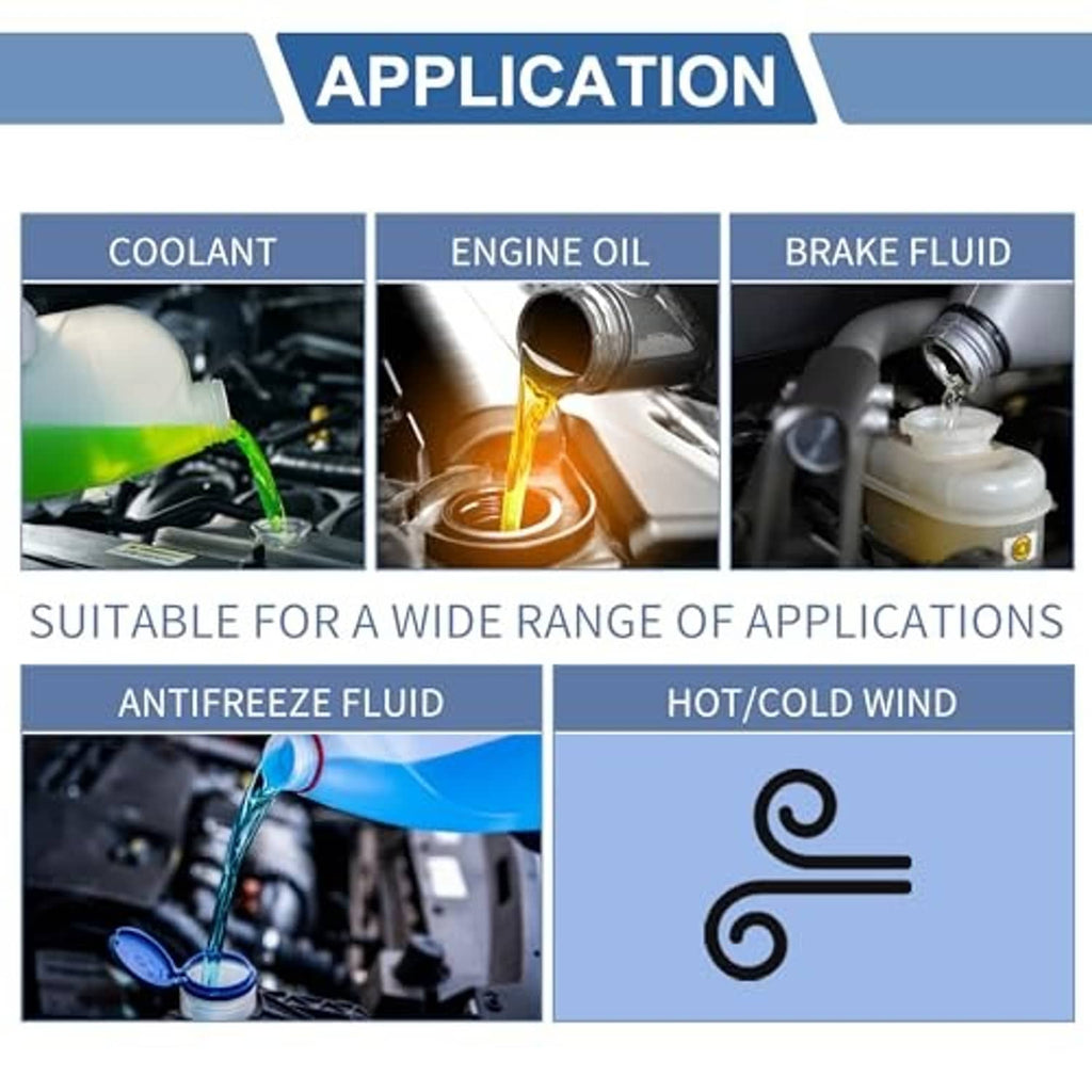 Silicone hose reducer application icons for coolant, engine oil, and brake fluid