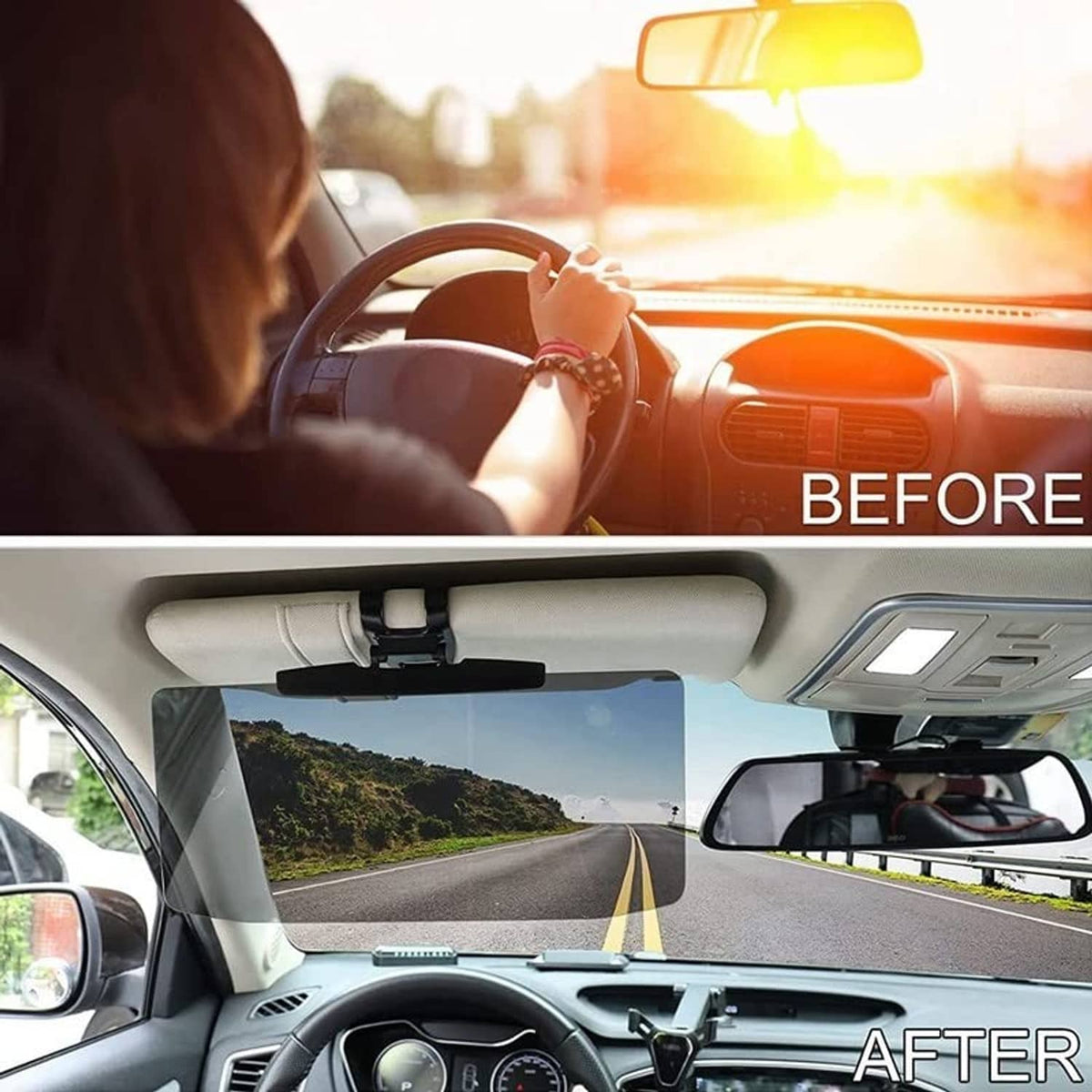Car sun visor extender attached above windshield with dark tinted extension panel