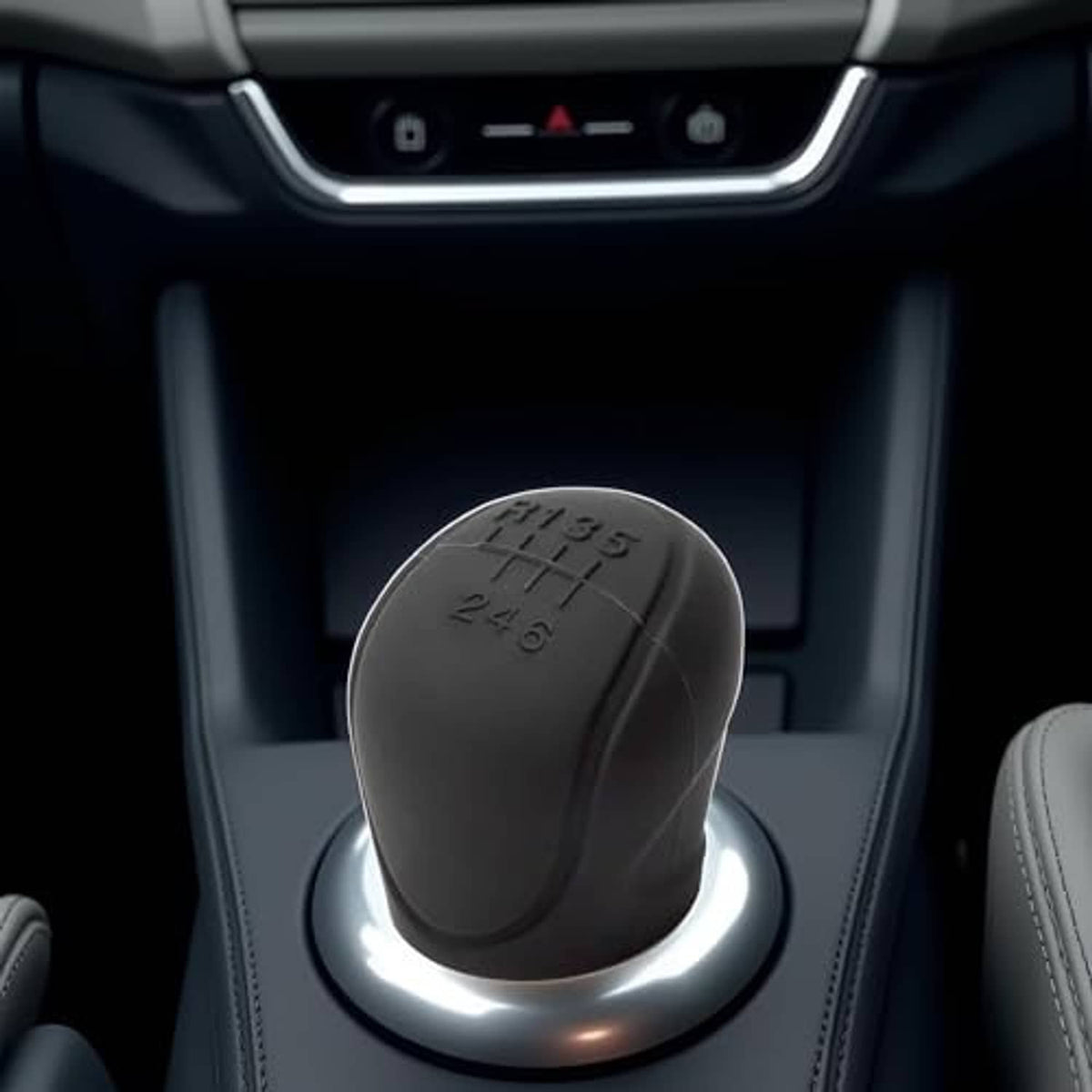 Black silicone manual 6-speed gear shift knob cover with embossed gear shift layout